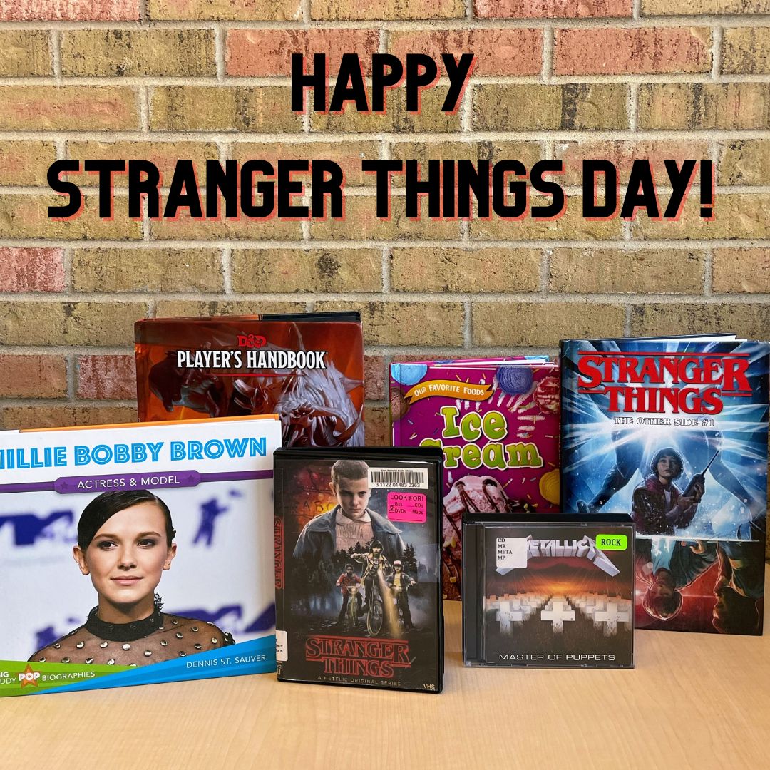CookLibrary's tweet photo. Want to visit Hawkins again and play D&Dπ²? How about learn to make your own ice cream a la Scoops Ahoy?π¦ Do you miss Eddie Munson & his guitar skillsπΈ?
Visit #cookparklibrary or #aspendrivelibrary and celebrate #Strangerthingsday by checking out one of these items! https://t.co/1NNEgCHnkv