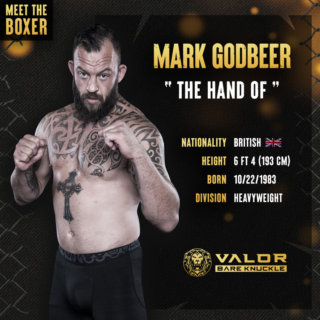 ValorBK's tweet photo. Meet the #VBKBoxer 👊 Born in Taunton, England, Mark ‘The Hand Of’ ‘Godbeer won the tournament and became the first Valor Bare Knuckle (#VBK) Heavyweight Champion. https://t.co/T9GCi19YJb