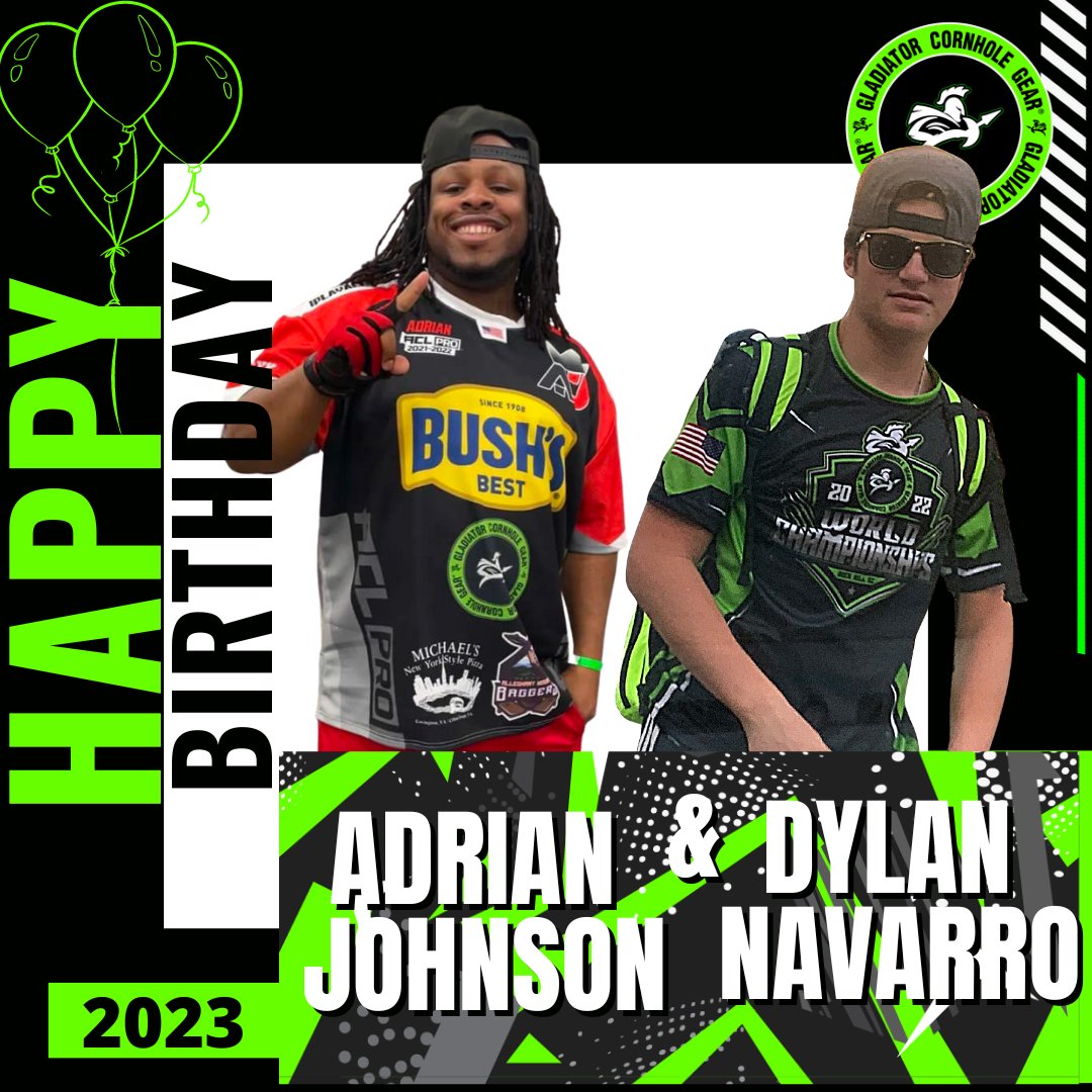 GCGCornhole's tweet photo. Today is a day for celebration for the Gladiator Family! Help us in wishing Adrian Johnson and Dylan Navarro HAPPY BIRTHDAY!! 🎉🎂 #Gladiatorcornholegear #happybirthday #celbrations #teamgladiator https://t.co/LzLDEpLROD