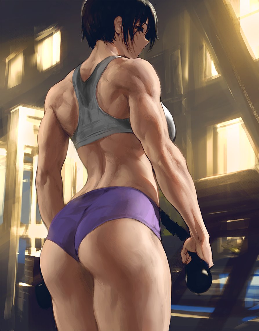 mikasa ackerman 1girl muscular female muscular ass solo short hair dumbbell  illustration images