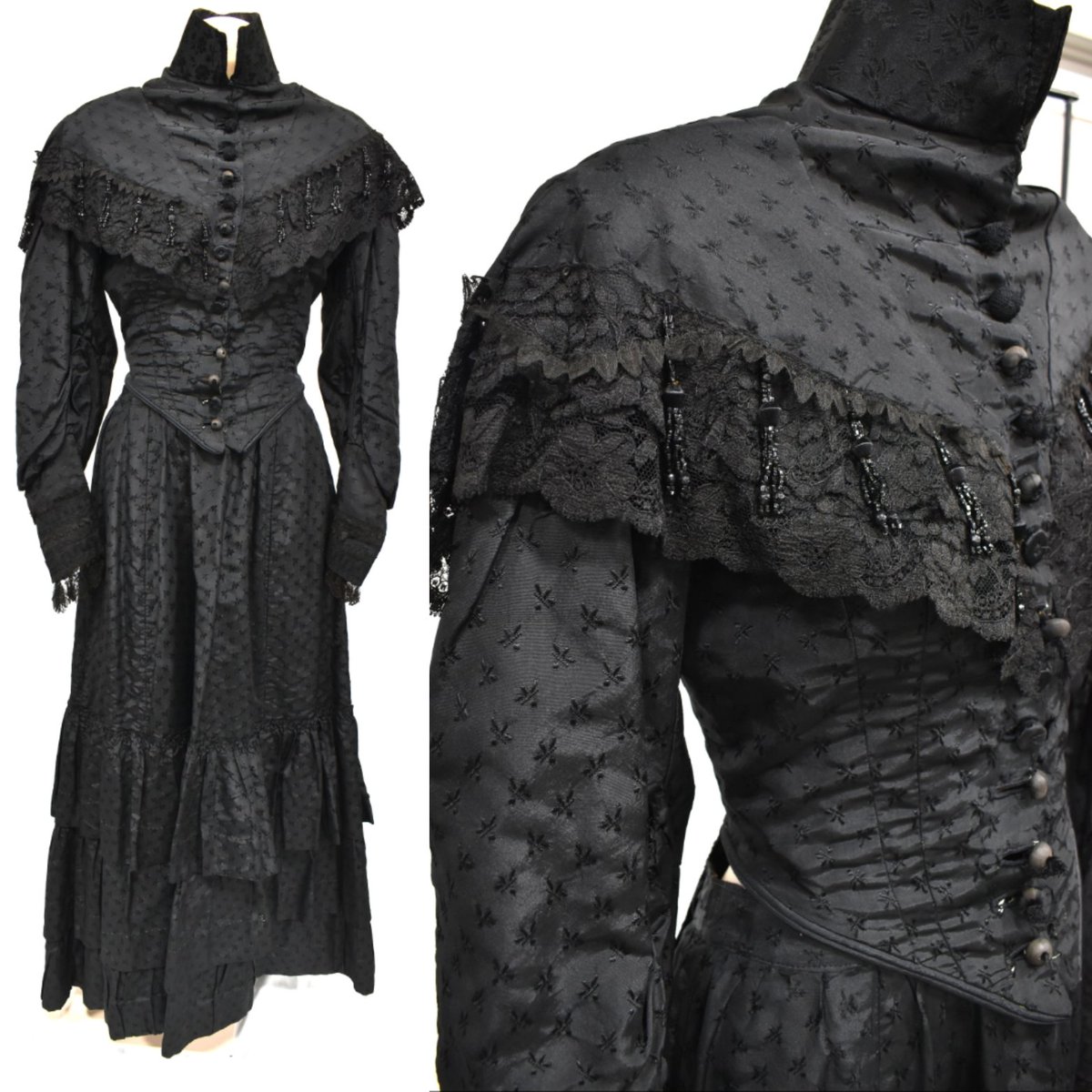 Two piece black brocade dress by R Dent, Oxford St, 1890s
#fashion #historiccostume #style