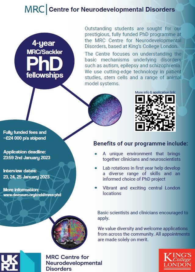 Before twitter implodes, apply for #PhD fellowships @MRC_CNDD to understand neurodevelopmental disorders like #autism #epilepsy #schizophrenia. We have projects too😀.First year of 3 lab rotations (1+3), enhanced stipend. Deadline 2 Jan!  Apply bit.ly/3TwraOl. Please RT!