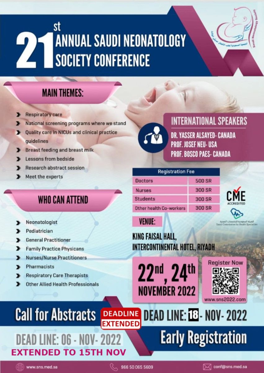 SaudiNRP's tweet photo. Dear, Saudi Neonatology Member
we are offering 50% Discount  for all active sns members 
please use your email ID registered in society  and get the discounts for the 
21st ANNUAL SAUDI NEONATOLOGY SOCIETY CONFERENCE 2022
on 22 -24 th november at Intercontinental Hotel,Riyadh https://t.co/n7zOoh32fC