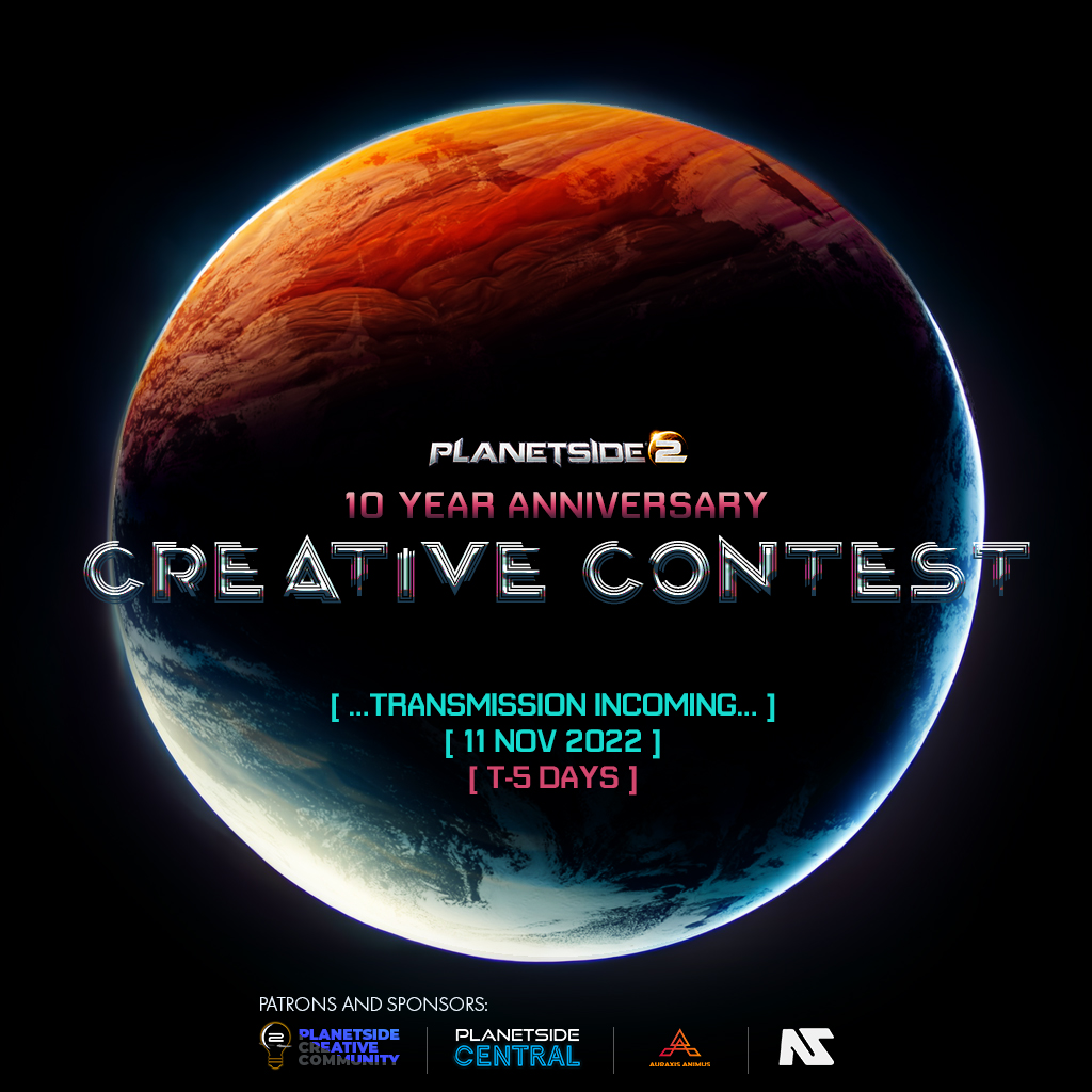 PS2Central's tweet photo. Calling all creators! Creative contest coming soon to Auraxis, stay tuned for details! T minus 5 days!
https://t.co/ESV96fnIYa

@planetside2 @WrelPlays @ALapidis @DBG_Bishop @AuraxisAnimus https://t.co/fcx1Gys2WJ