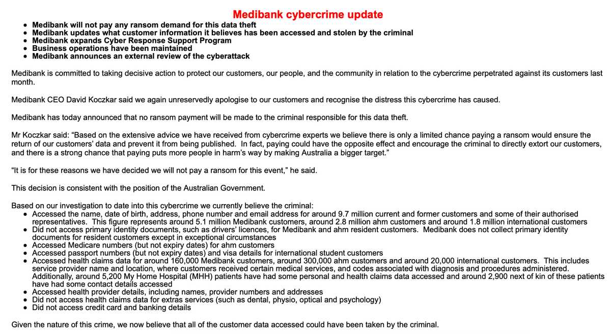 Jeremy_Kirk's tweet photo. BREAKING: @medibank says it will not pay a ransom to the extortionists who claim to hold 200 GB of data, including claims-related data. #auspol #infosec https://t.co/Udx3BSaYmP