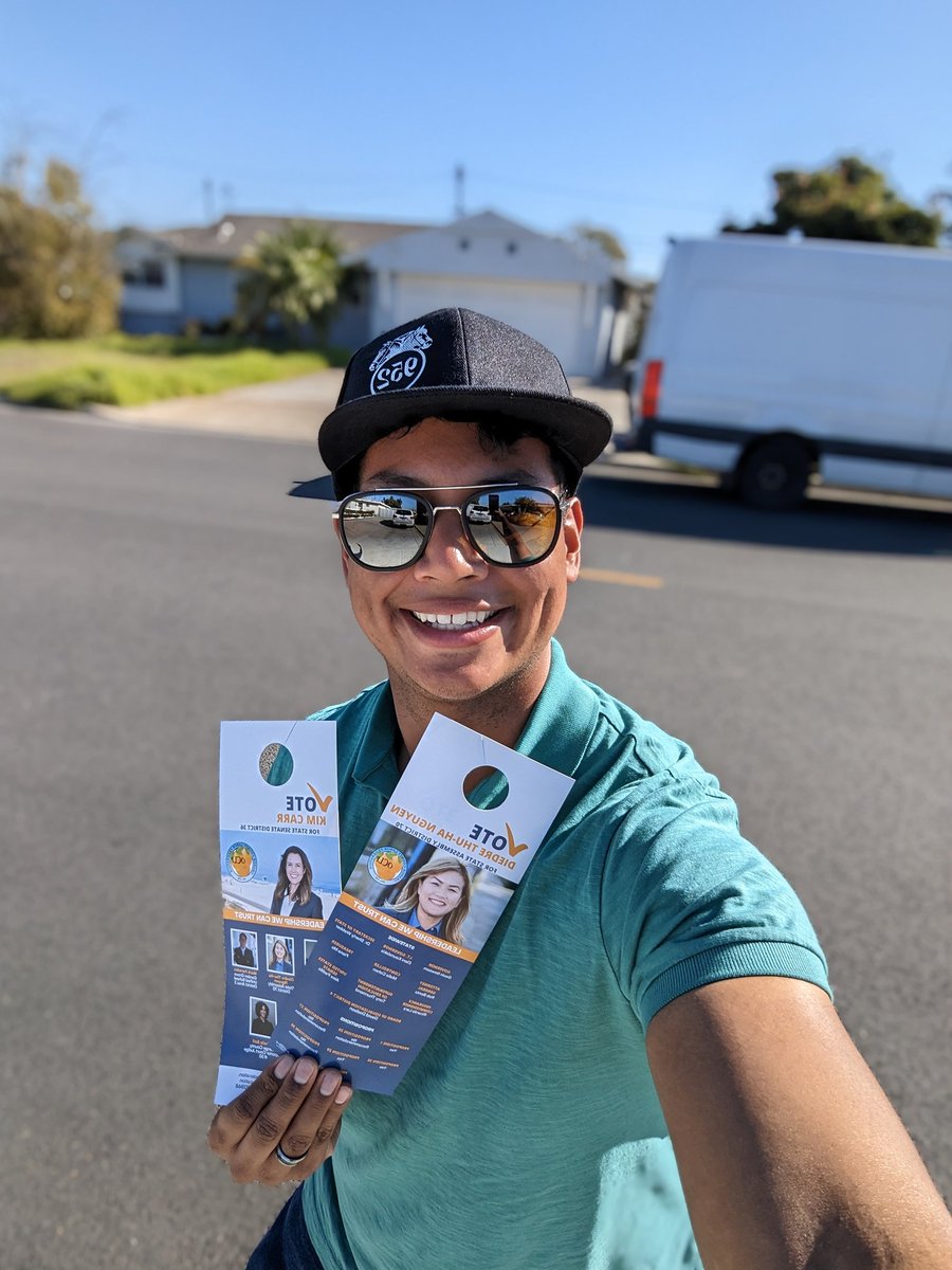 Luis__Aleman's tweet photo. Canvassing for our endorsed candidates wearing some Teamster wear. On Tuesday we have to get @jfchen @kimcarr4ca @DiedreThuHa elected, and vote yes on Prop 1 and People 30. #UnionVotes #UnionStrong https://t.co/3iqUJbC0p7