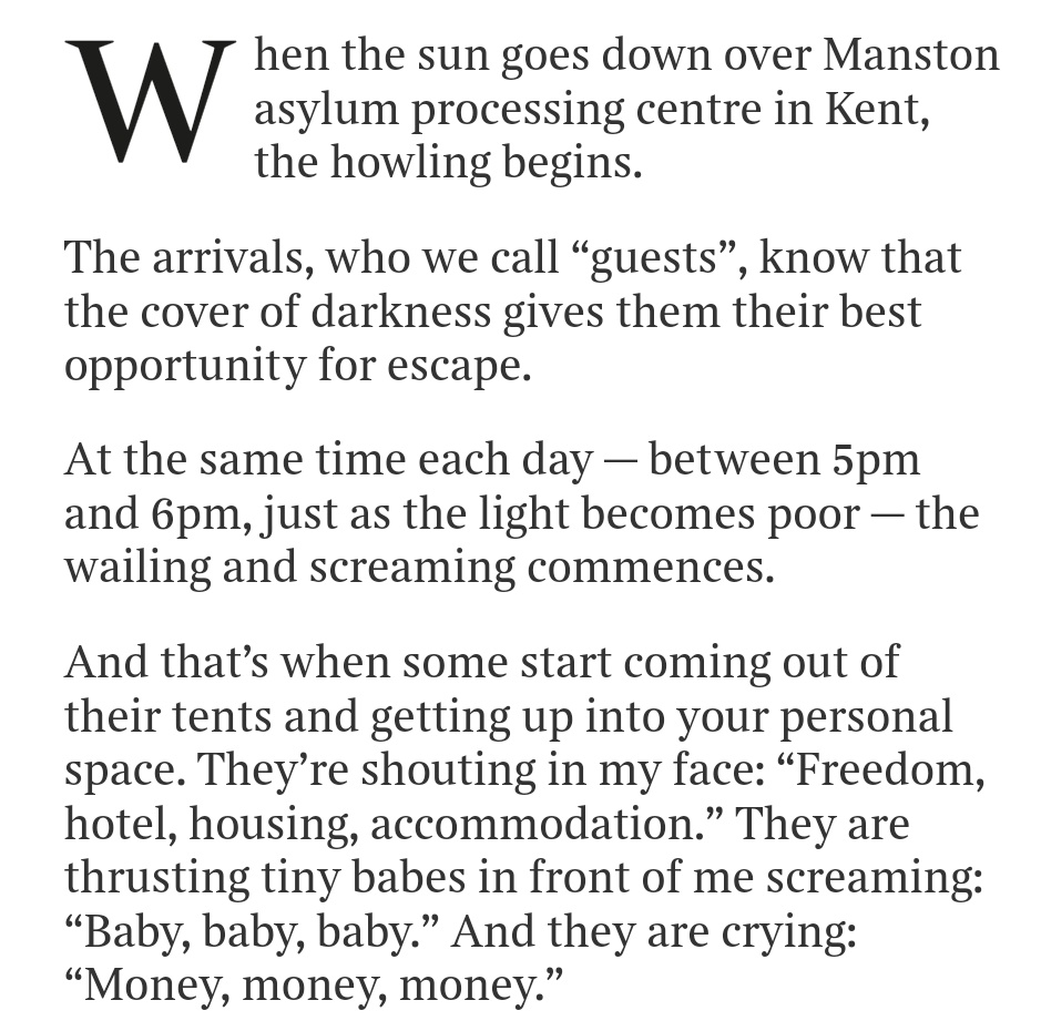 This account from a 'security manager' at Manston detention camp written up in the Times is one of the most disturbing things I've ever read about the UK asylum system. 'When the sun goes down at Manston, the crying and wailing begins' thetimes.co.uk/article/when-t…