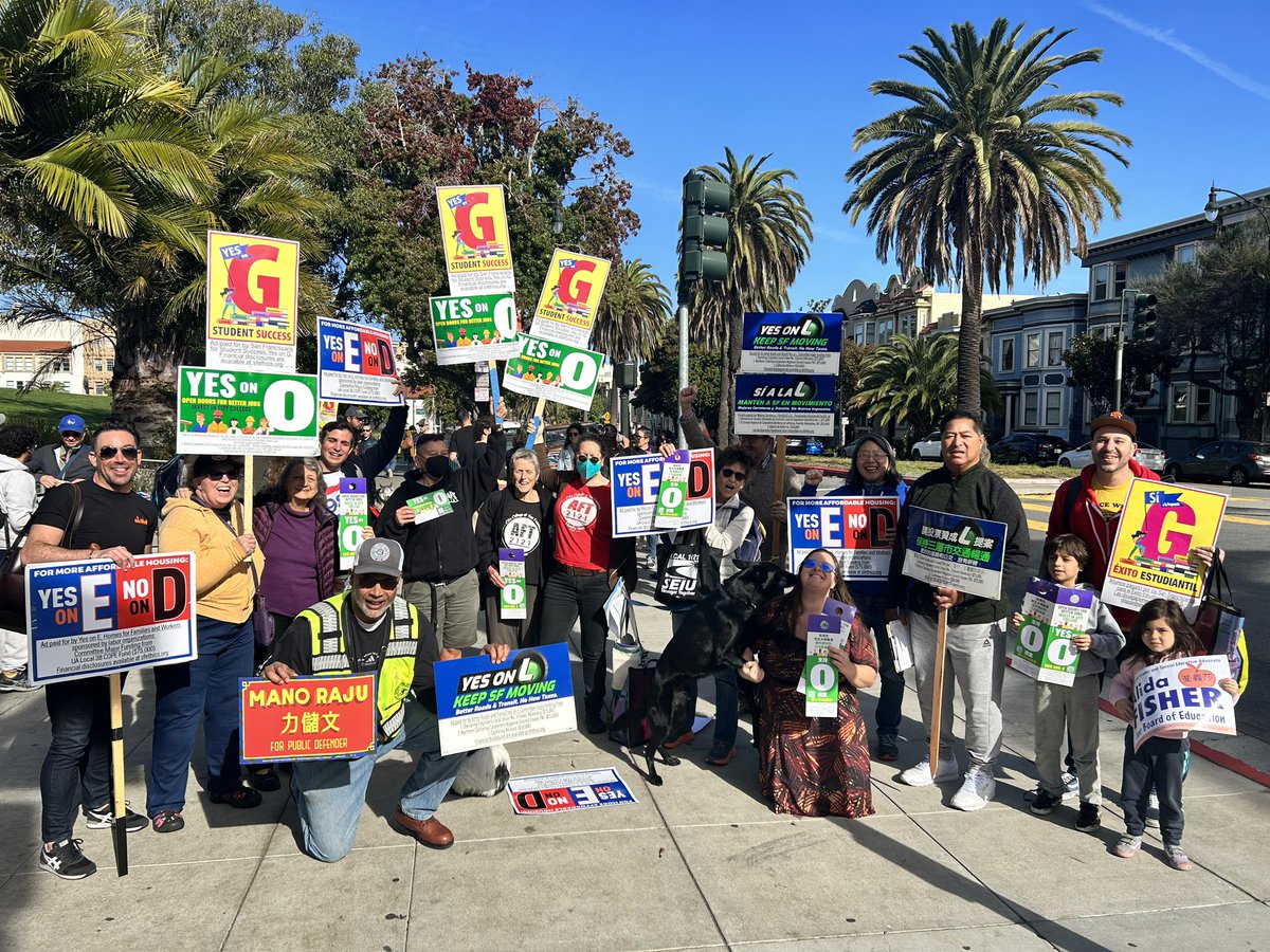 GOTV today with <a href="/sflabor/">San Francisco Labor Council</a> <a href="/AFT2121/">AFT 2121</a>  and handing out the Ever Popular voter’s guide from <a href="/TheLeagueSF/">SF League of Pissed Off Voters</a>. This dog will be forever demanding to walk up all stairs hang lit and talk to voters. #YesOnO and yes to <a href="/asva4ccsf/">Anita, Susan, Vick, and Adolfo for College Board</a>!