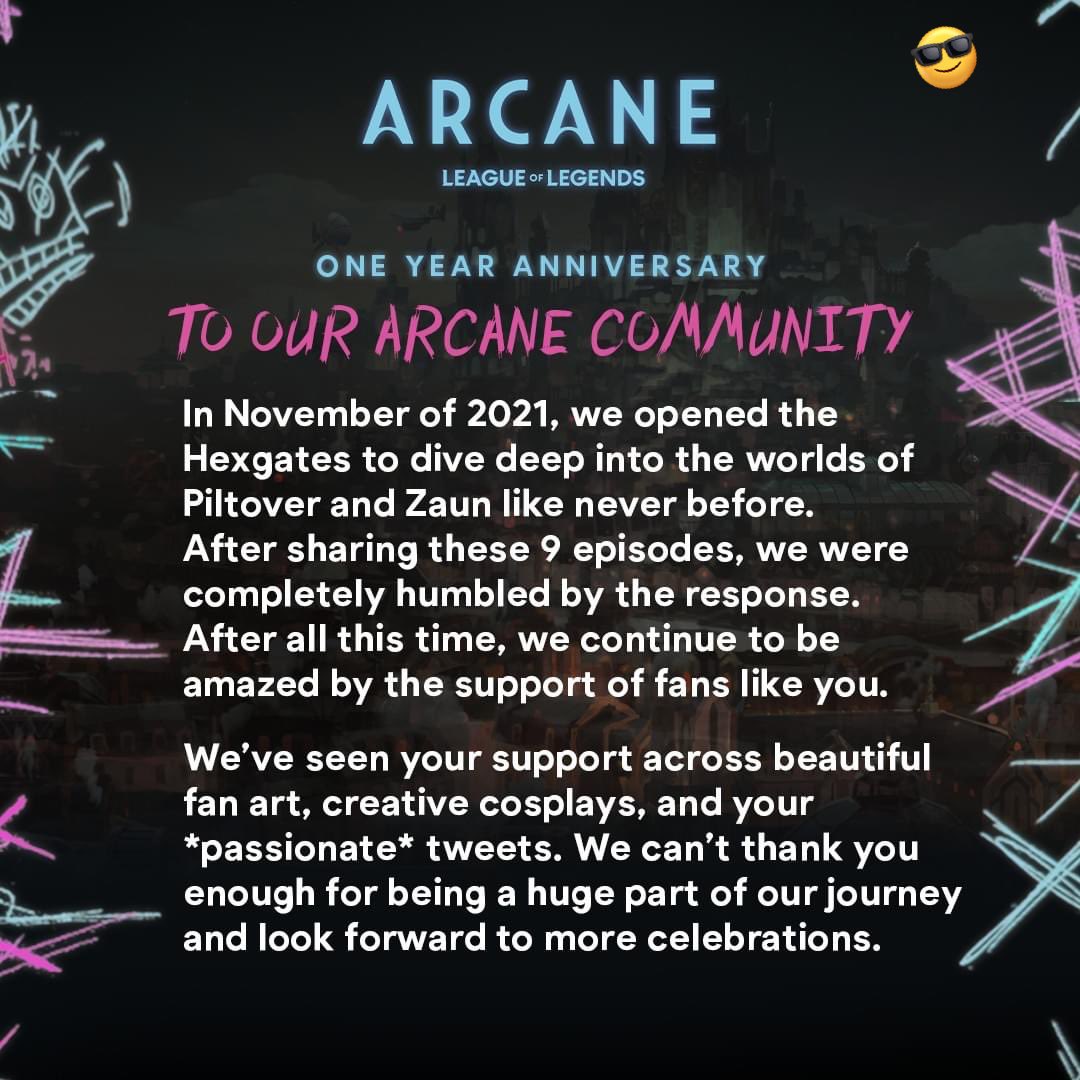 Conectandoserie's tweet photo. Sobre el festejo de #ArcaneAnniversary

Desde el martes 8 de noviembre podremos festejar su primer aniversario con un Q&amp;A en Reddit.

¿Están listos?

#Arcane #Netflix #series #conectandoseries https://t.co/NUSfEbtwao