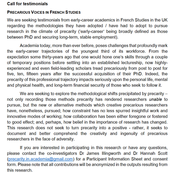 DrHannahScott's tweet photo. Calling for testimonials from precarious researchers in UK French Studies on the methodological shifts precipitated by precarity - deadline Dec 16th.

@jrillingworth &amp; I are seeking to document the creativity &amp; ingenuity of ECRs in the face of adversity.⬇️ https://t.co/IAhthDWEIB