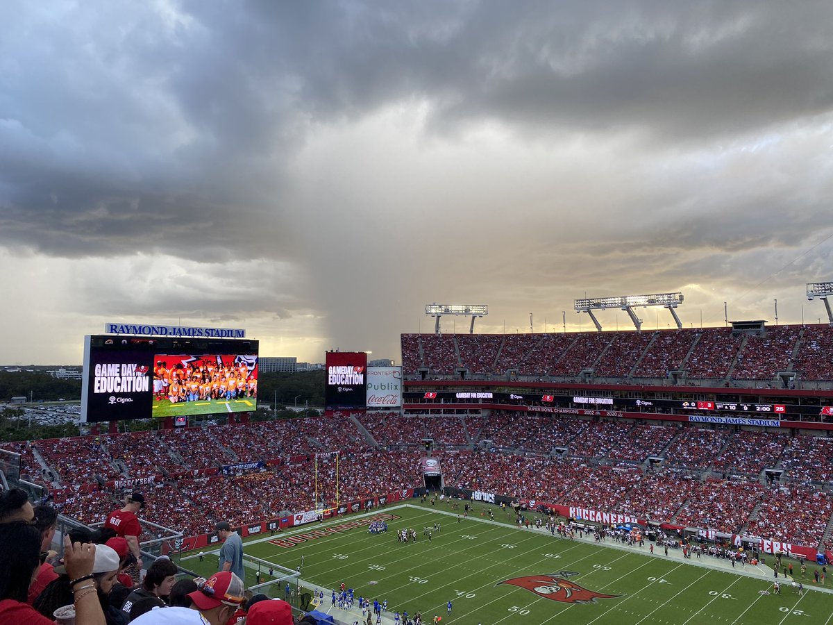 BethGainesUSF's tweet photo. Hey @WFLALeigh there are the showers you warned us about for the game! Thanks for the heads up! We are dry at RaymondJames. No poncho necessary. #gobucs https://t.co/xiDG2DwsVJ