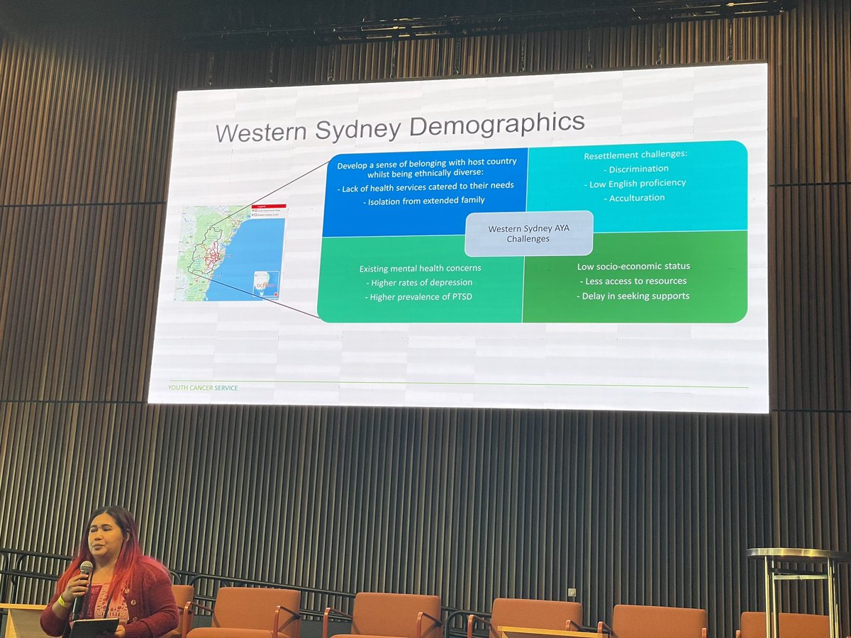 Eden_Robertson's tweet photo. Common challenges for AYAs in Western Syd. How can we adapt existing models of care for AYAs w/ cancer to better support this vulnerable pop? @zayni shares how to apply a 3-pronged model of care to address needs: ⬆️ MH literacy, provide intervention &amp; build agency #aaah2022 https://t.co/w86NEkRkho