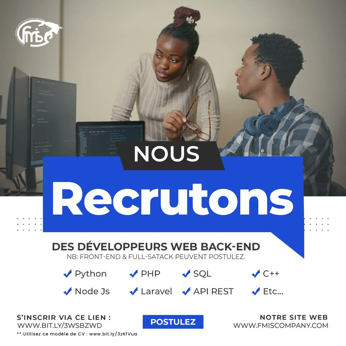 mascotteissa's tweet photo. RECRUTEMENT DE DÉVELOPPEURS WEB (FRONT-END BACK-END ET FULL-STACK) 
---------------------------------------------

➡️ Modèle​ de CV : https://t.co/Qtvb2GddX2
➡️ Inscription​ : https://t.co/2oukemAJdY
➡️ WhatsApp​ : +22962157575 https://t.co/VfrfXRHrcB