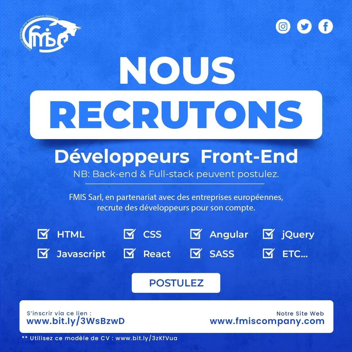 mascotteissa's tweet photo. RECRUTEMENT DE DÉVELOPPEURS WEB (FRONT-END BACK-END ET FULL-STACK) 
---------------------------------------------

➡️ Modèle​ de CV : https://t.co/Qtvb2GddX2
➡️ Inscription​ : https://t.co/2oukemAJdY
➡️ WhatsApp​ : +22962157575 https://t.co/VfrfXRHrcB