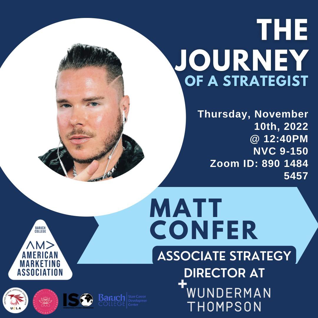 AMAatBaruch's tweet photo. Have you ever wondered what it’s like to work as a Strategist?

Join us this Thursday to hear from Matt Confer who will be telling us all about his journey that led to his current role as Associate Strategy Director at Wunderman Thompson!

We’re so excited to see you all there!🎉 https://t.co/sPfuTpJ3Yr