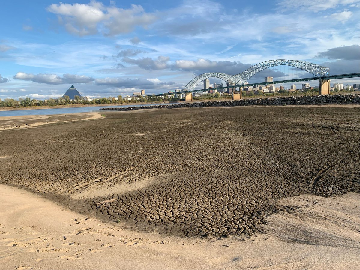 NWSMemphis's tweet photo. Live look at just how low the Mississippi River is in Memphis. These photos taken from the south end of the Loosahatchie Bar just across the river this afternoon show visibly dry &amp; cracked ground where there's usually several feet of water. 

📷: @ErinThomasWx https://t.co/lIqwAFAvdA