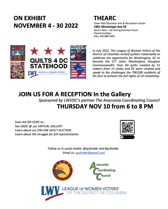 Visit THEARC for the <a href="/Quilts4DC/">Quilts4DC</a> exhibit and post a selfie with the quilt that's a map of the DC lands. The tree branches represent the Potomac and Anacostia Rivers; cherry blossoms represent the rebirth from harder times.
<a href="/LWVDC/">LWV District of Columbia</a> +@AnacostiaCCDCON EXHIBIT NOVEMBER 4 - 30 2022