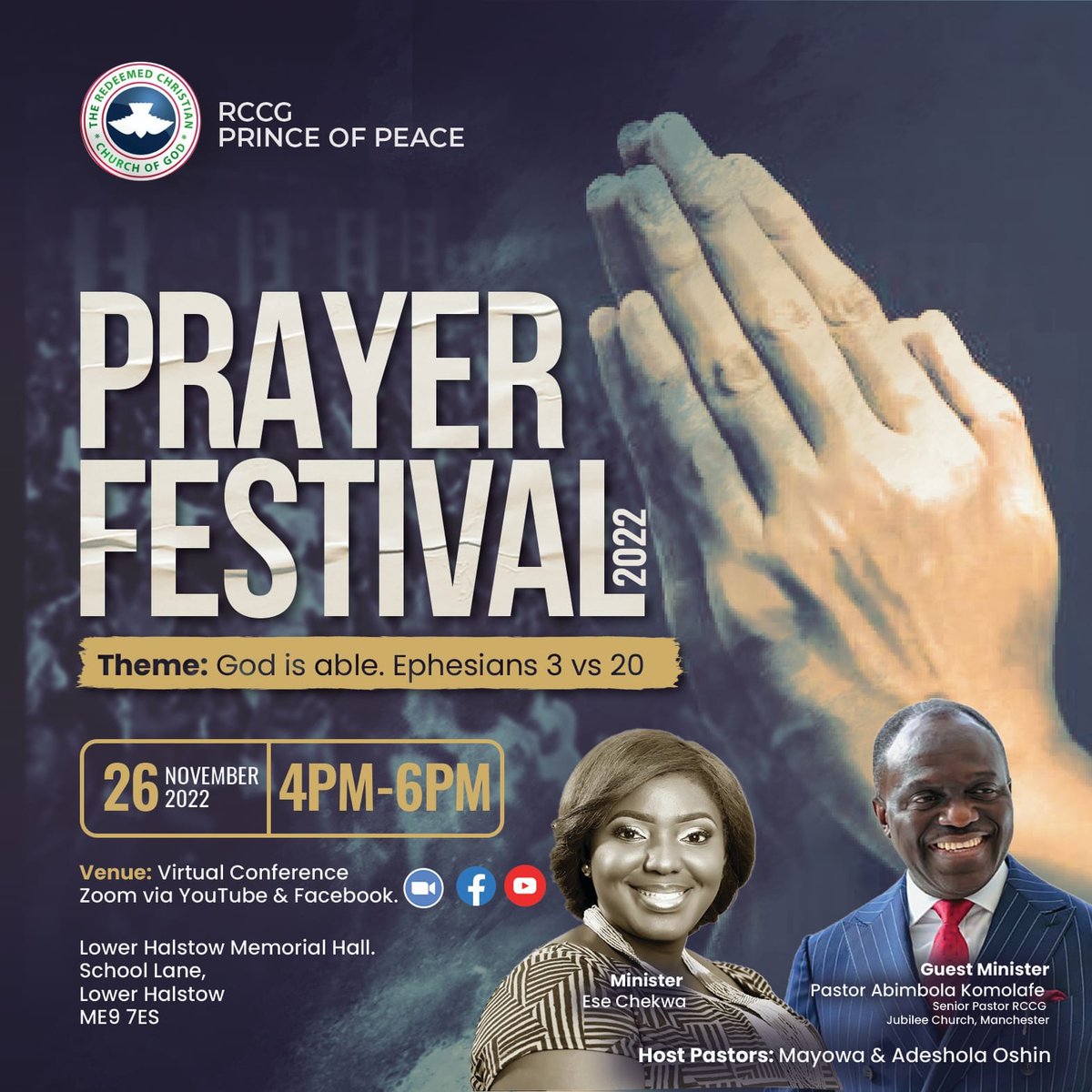 RccgKent's tweet photo. YES OUR GOD IS ABLE!
 Please save the date.
Come prepared and expectant.
Invite your friends and family.
Its a virtual meeting!
Join and be blessed.
Date:26th November 2022
Time:4pm

#prayerfest
#Godisable
#Godisgreat
#virrualconfrence
#rccgprinceofpeace 
@abimkomo 
@EseChekwa https://t.co/7KJHPOXcKC
