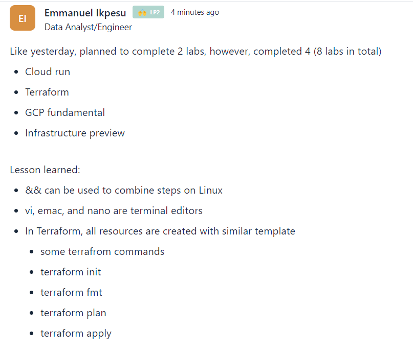 TheDataHokage's tweet image. Day 265 of #300daysofcode👨💻#DataScience #DataAnalytics
Back on GCP, completed 4 Qwiklabs
Worked with Terraform and loved the flexibility when using VMs
On 30dayofDS by @TheOyinbooke, I got to understand virtual environment better
and the use of pip freeze and requiment.txt file
