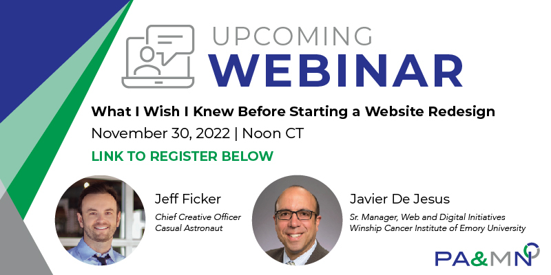 "What I Wish I Knew Before Starting a Website Redesign" webinar on Nov. 30.  <a href="/JeffFicker/">Jeff Ficker</a> <a href="/casual_astro/">Casual Astronaut</a> and Javier De Jesus <a href="/WinshipAtEmory/">Winship Cancer Institute of Emory University</a> as they talk lessons learned, best practices, and pleasant surprises on current collaboration.  ncipamn.org/webinars/what-…