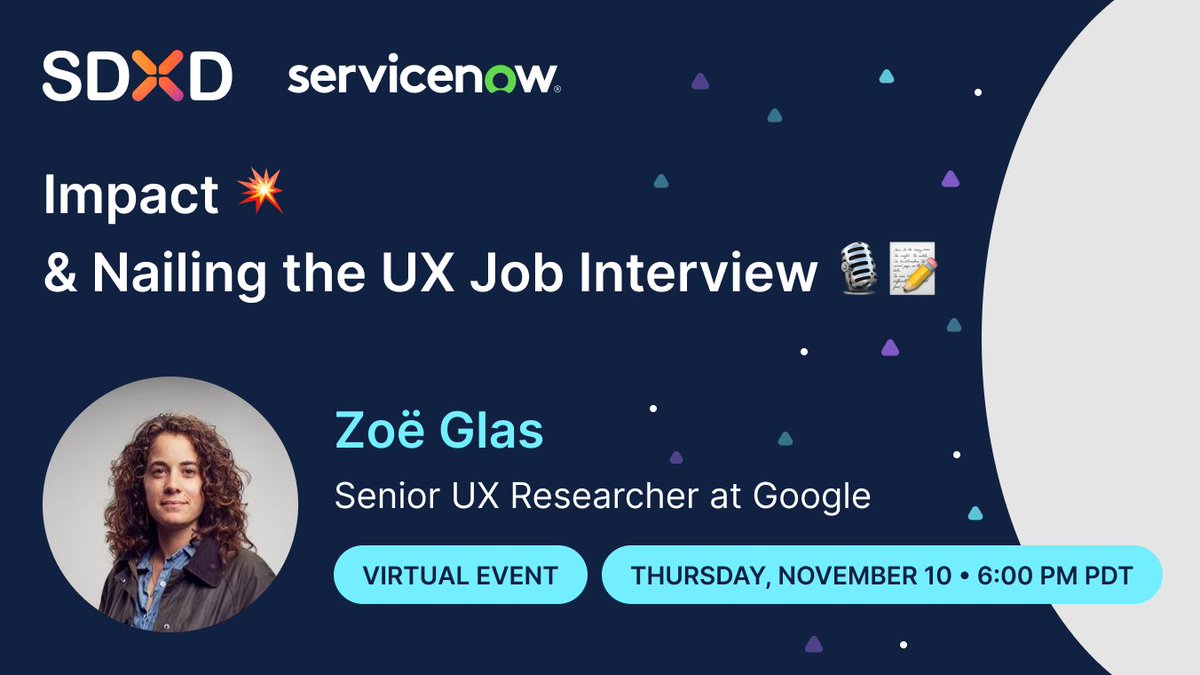 Learn from the incredible Zoë Glas, Sr. UX Researcher at Google, on how to WOW your interviewers so much 👊💥 they won’t even know what hit them! #ux #uxdesign #uxui meetup.com/s-d-x-d/events…