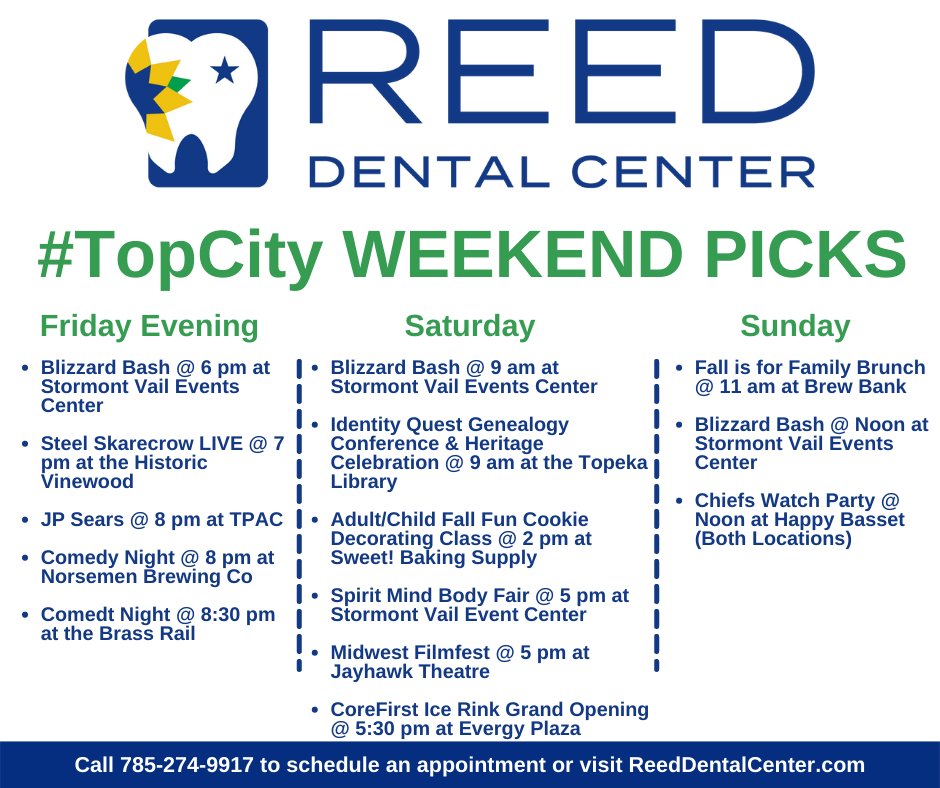 Who's ready for another awesome weekend in #TopCity?! 

It's gonna be a fun one! Blizzard Bash kicks-off at @stormontvailec, the Ice Rink officially opens at @evergyplaza, and much more!

What will you be checking out this weekend?!

#Topeka #LocalDentist