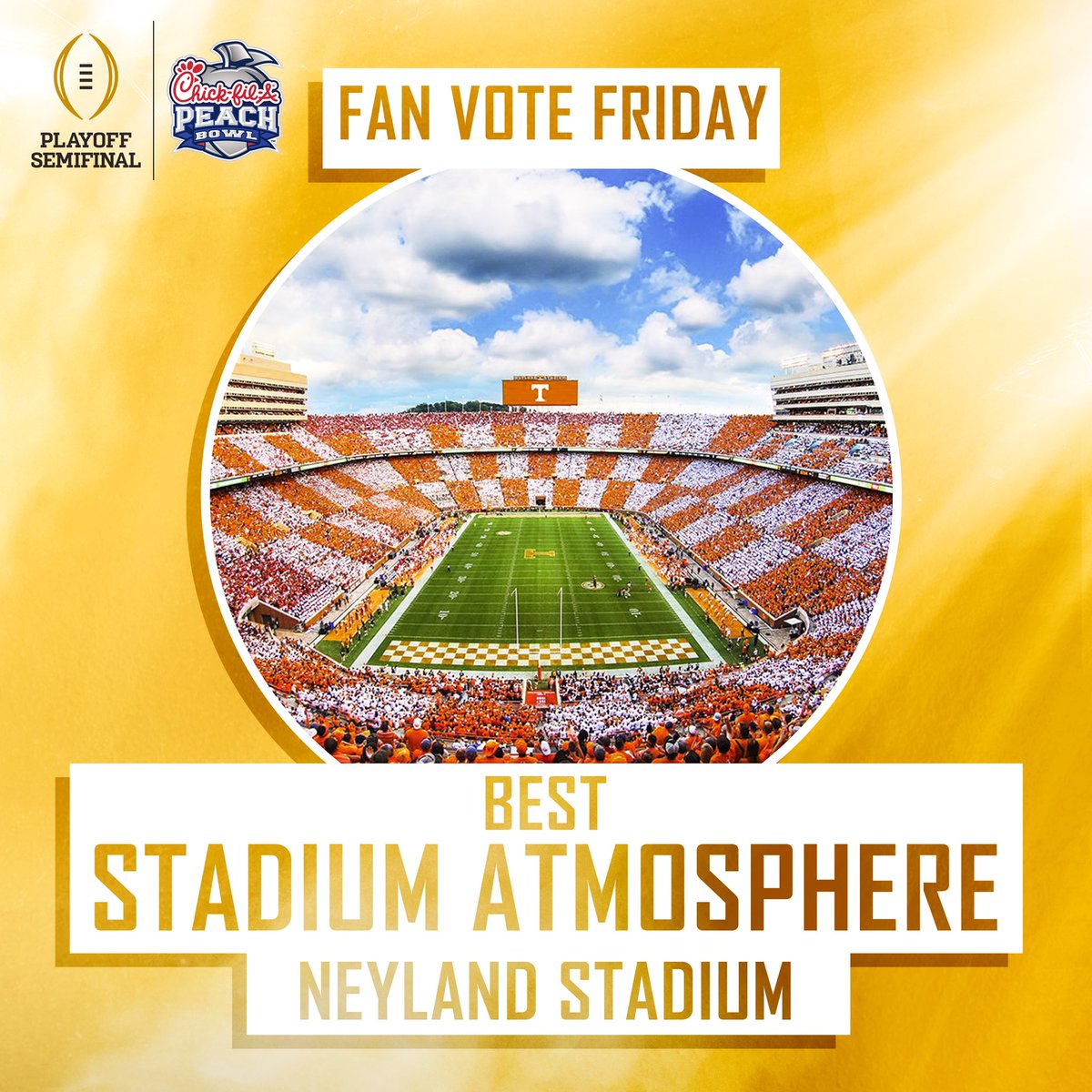 CFAPeachBowl's tweet photo. Tennesseeโs Neyland Stadium is our fan-voted ๐๐๐๐ ๐๐๐๐๐๐๐ ๐๐๐๐๐๐๐๐๐๐ winner out of recent #CFAPeachBowl and #CFAKickoff teams! ๐๐
#GBO https://t.co/z0tiWoaOZN