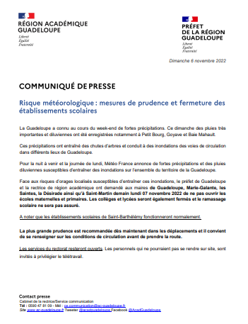 🟠Face au risque de dégradation météorologique les écoles, collèges et lycées de Gpe, M-Galante, les Saintes, la Désirade et St-Martin seront fermés demain lundi 7 nov.
A noter : 
✔️les établissements de St-Barth fonctionneront normalement.
✔️Le rectorat sera ouvert.
<a href="/Prefet971/">Préfet de Guadeloupe</a>