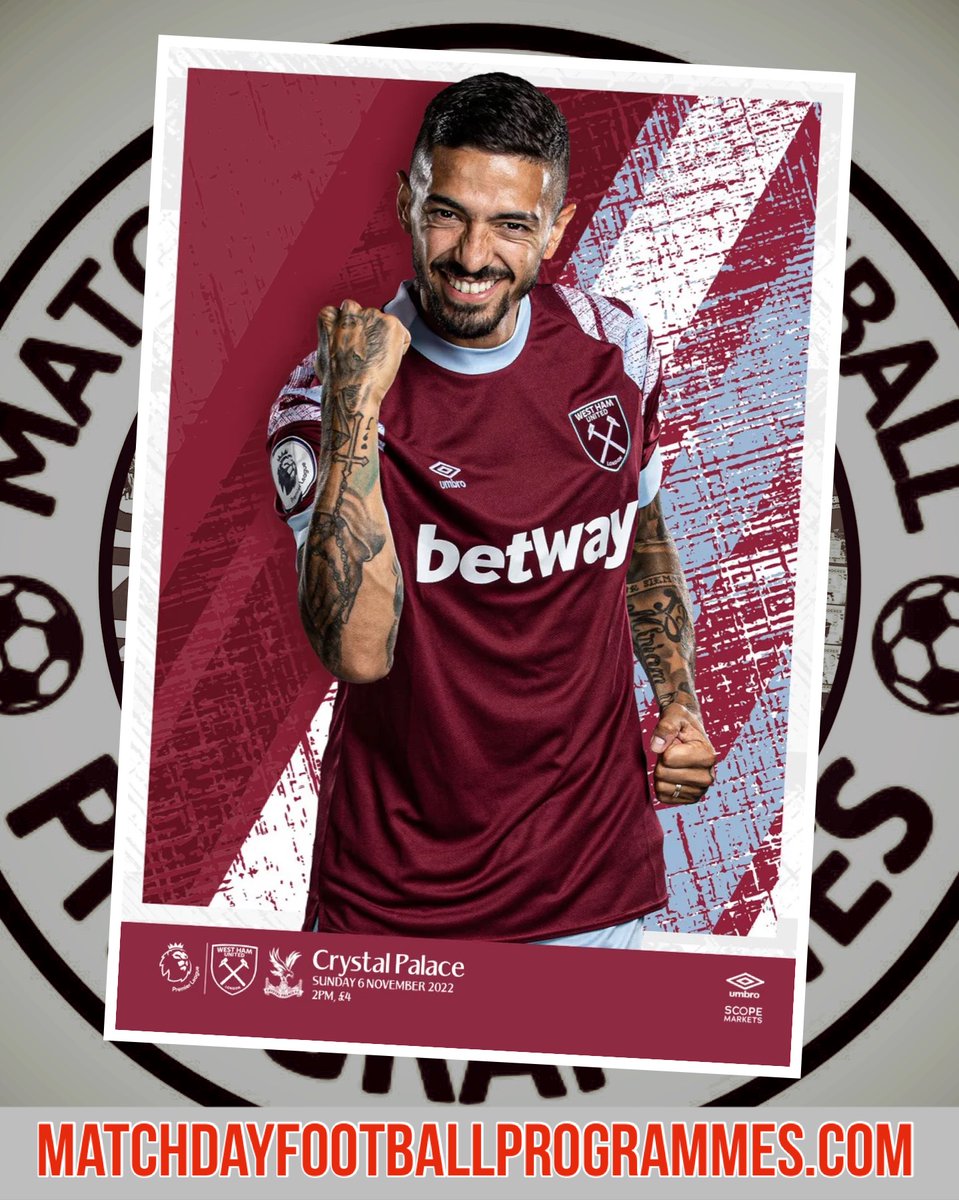 MDFootyProgs's tweet photo. West Ham United v Crystal Palace 2022/23 Official Matchday Programme is now available to order via out website https://t.co/CbELoBZh5O
#FootballProgrammes #MatchdayProgramme #MDFootyProgs #SaveTheProgramme #ProgrammesMatter https://t.co/wcLumjDIX1