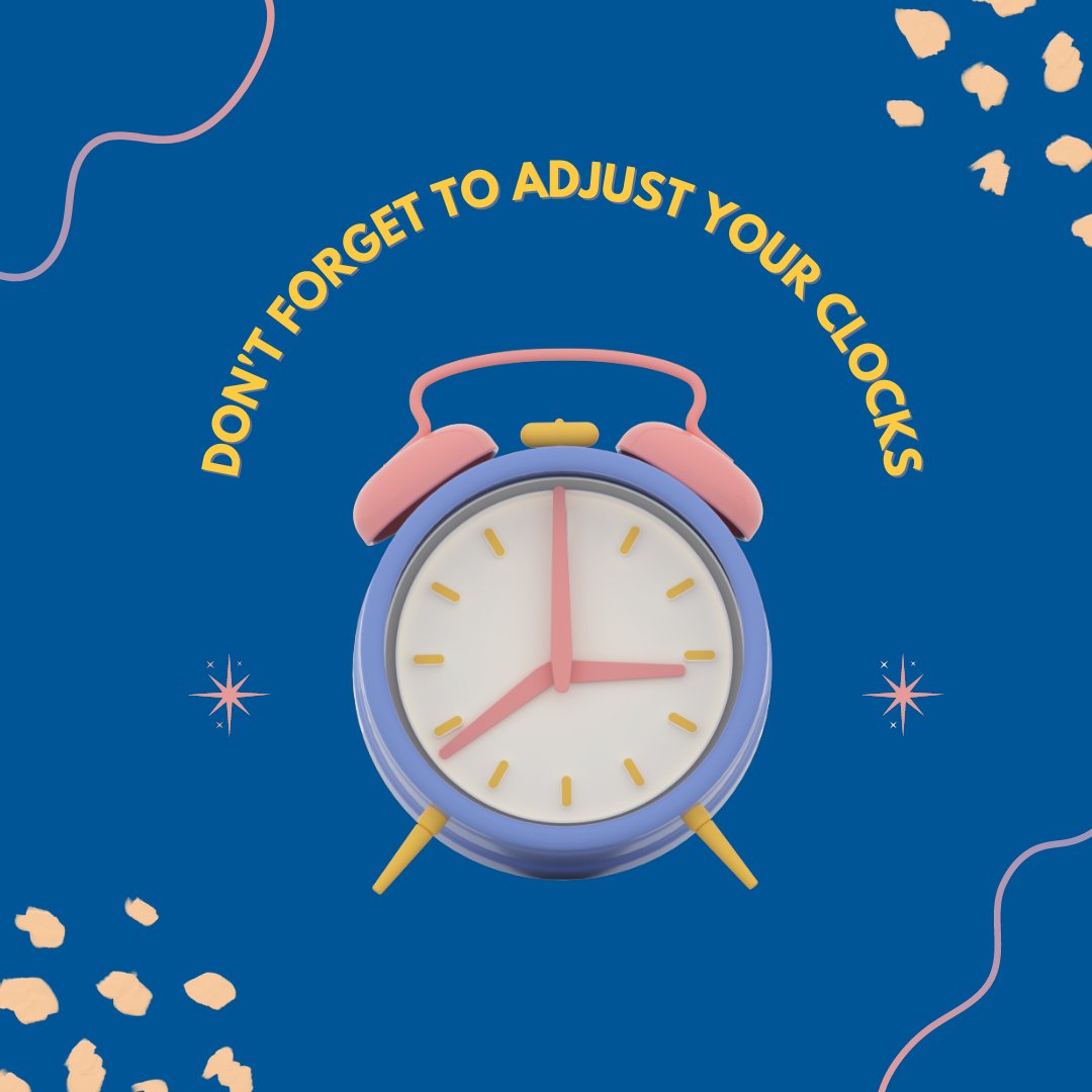 Reminder to adjust your clocks this evening, and to give yourself and others some grace this week. An hour is a big difference and we all need time to adjust. 💛 

#DaylightSavings #FallBack #AdjustYourClocks