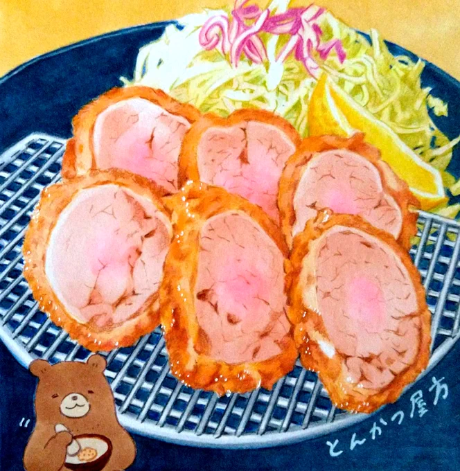 本日 #立冬 。#立冬はとんかつの日 札幌のとんかつ専門店「とんかつ屋方」さん。十勝産豚が目の前でカラリと揚がります。清水町の桃花豚のヒレかつは、桃の花のように鮮やかなピンク色がうっすら残る肉の断面。食べればきめ細かい柔らかさ #田島ハルのくいしん簿 #北海道 #イラスト #食べ物イラスト 