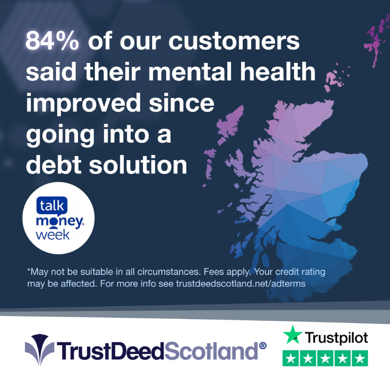 TrustDeedScotl's tweet photo. Problem debt and mental health are intricately linked.

8️⃣4️⃣% of our customers said their mental health improved since going into a debt solution.

You are not alone. Our debt advisers can help.

🗣️ #TalkDebt with Trust Deed Scotland today on 01412210999 #TalkMoney #TalkMoneyWeek