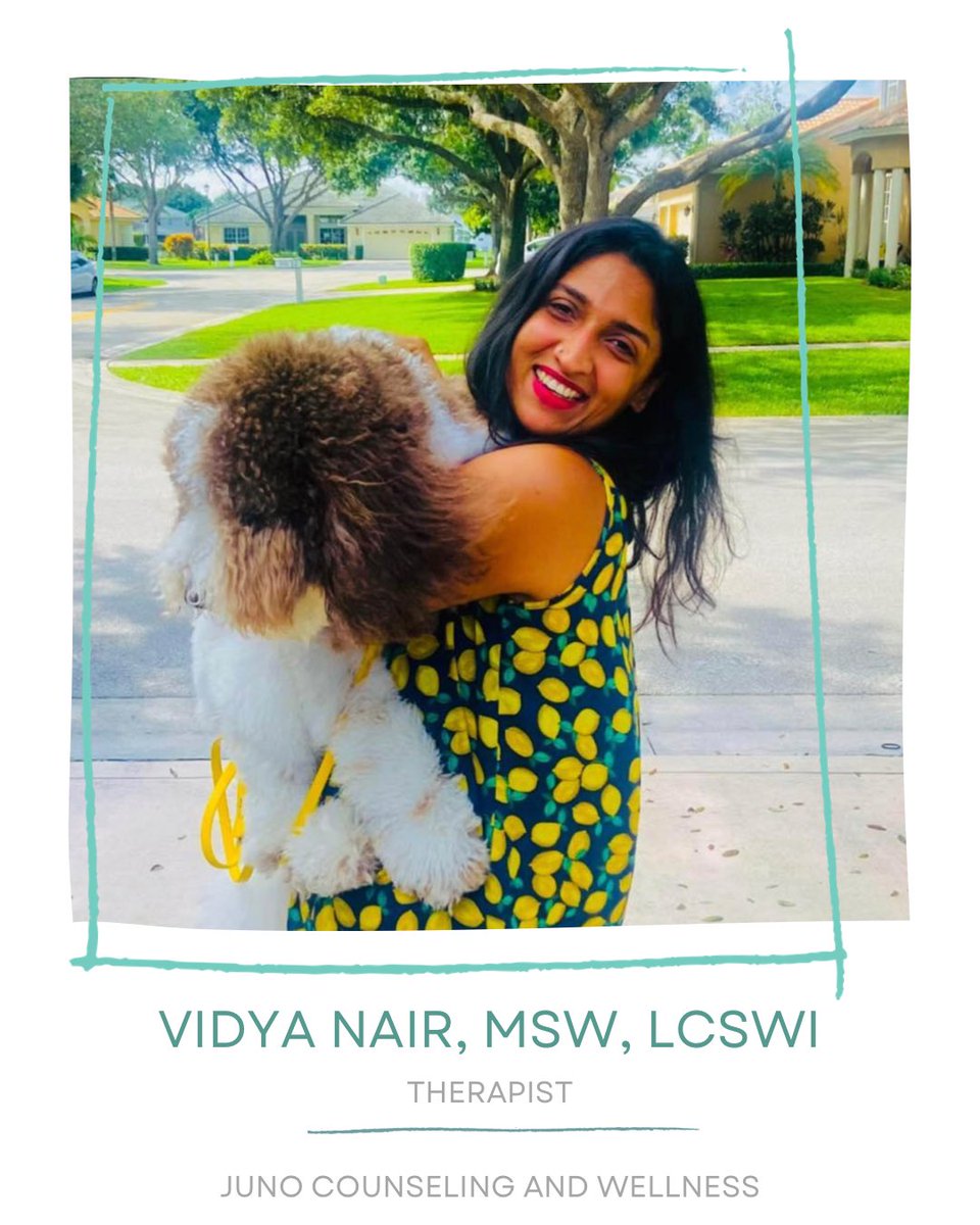 JunoCounseling's tweet photo. Meet Vidya Nair, MSW. Vidya specializes in working with eating disorders, trauma, and teens and children with emotional and behavioral concerns. Vidya is trained in EMDR and play therapy. https://t.co/YjExOpTtHf