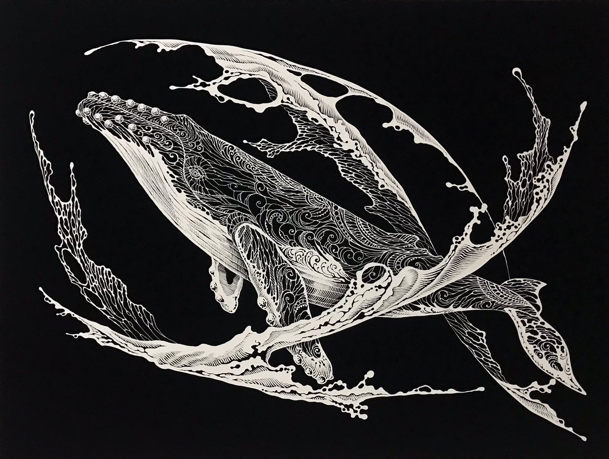 「新作が完成いたしました。水流の中を泳ぐザトウクジラです。クジラを包む様な水流の躍」|切り剣Masayo / 「切り剣 福田理代切り絵作品集」発売中のイラスト