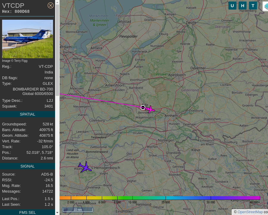 AboveEde's tweet image. #VTCDP VT-CDP Global 6000 Poonawalla Aviation P/L : 0.2 mi away @ 41000 ft and 88.4° frm hrzn, heading E @ 653.7mi/h 00:17:06. #AfterHours #WayTheHeckUpThere #FlyingFast #OverPutney #Putney #SW15 #ADSB #dump1090