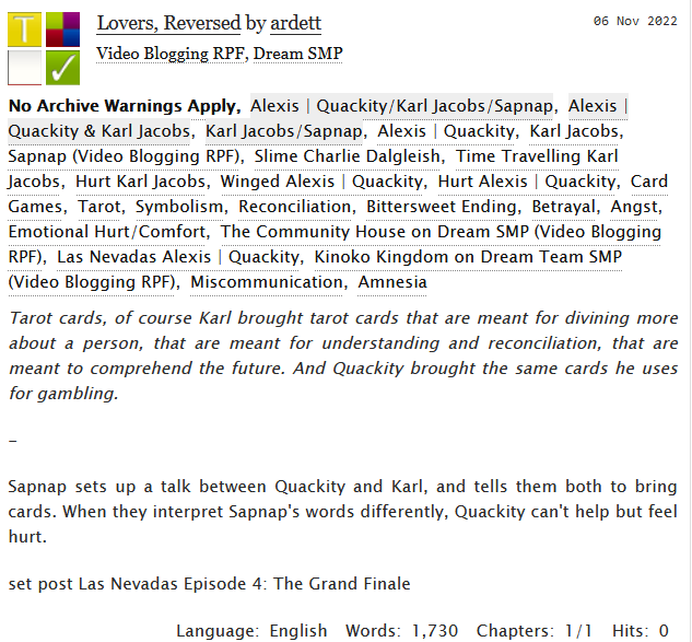 ardett_'s tweet photo. // DSMP Karlnapity

"Lovers, Reversed" • 1.7k

~Written for the @xdivinationzine, including beautiful collab art from @Tiiffycat and @iownedfish!✨

Desc: Karl brings tarot cards. Quackity brings gambling cards. Hurt feelings ensue. 

https://t.co/EhfTYFNWxM https://t.co/lTDr5Z9hDn