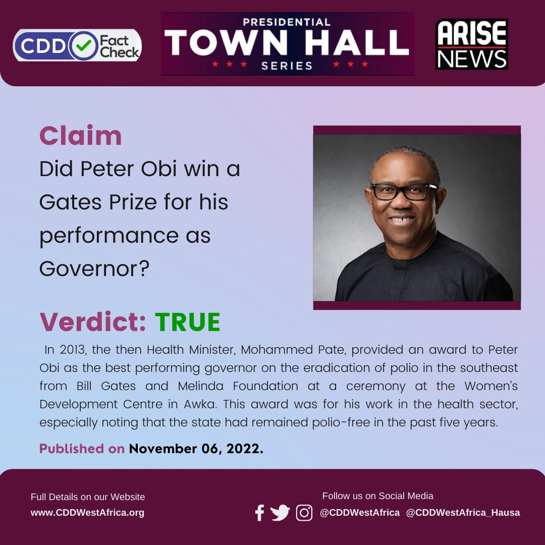 SilasOkolie's tweet photo. #CDDFactCheck Did Peter Obi win a Gates Prize for his performance as Governor? Among others...

#PeterObi4President2023  #DinoMelaye #Reno #PeterIsBetter https://t.co/nFRstkjBle