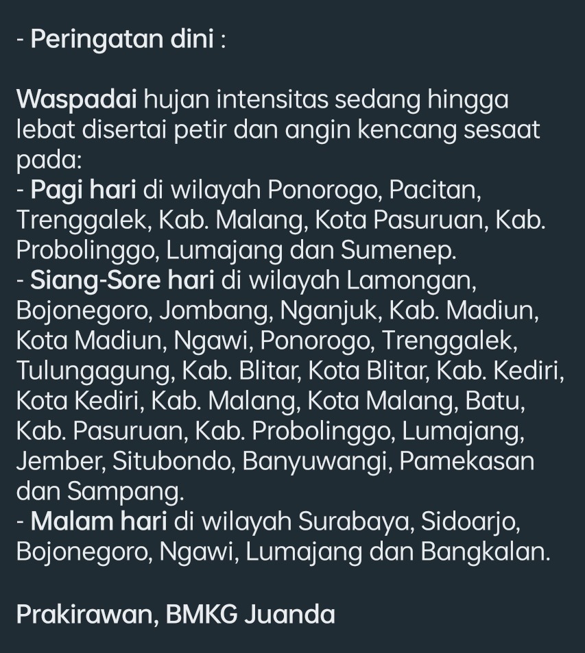 infobmkgjuanda's tweet photo. RESUME 
PRAKIRAAN #CUACA #JATIM 
07 NOVEMBER 2022

Selamat pagi...
Berikut kami sampaikan
Resume Prakiraan Cuaca Hari Ini

Smg bermanfaat 😉

'tuk prakiraan lengkapny silahkan cek postingan kami sblmnya

https://t.co/1lT58gckxg

#InfoBMKGJuanda
#InfoCuaca
#PrakiraanCuacaJatim https://t.co/GzrVmnU1ZJ