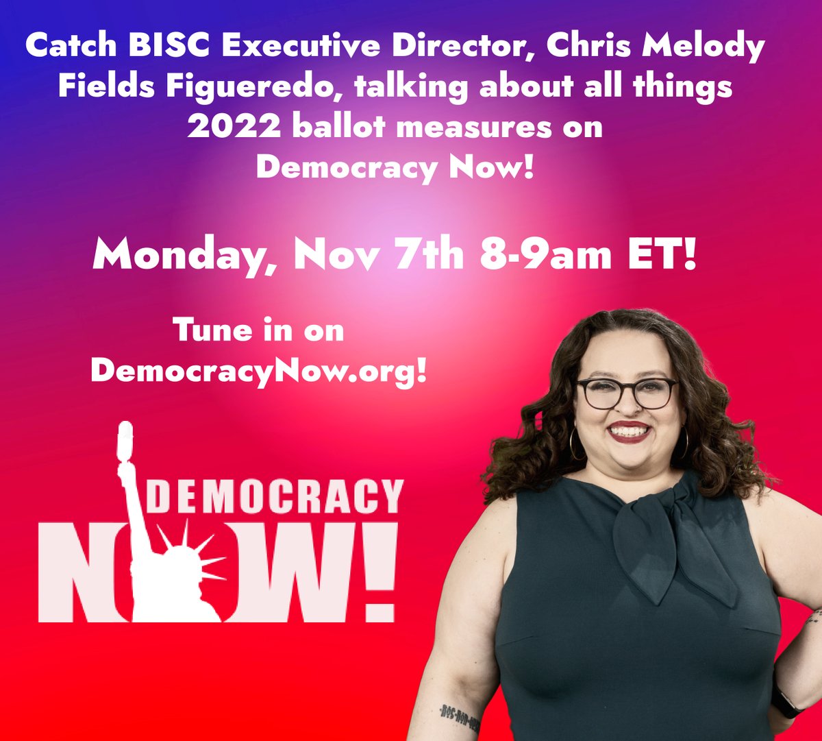 BallotStrategy's tweet image. Catch BISC Executive Director, @Fieldsy, talking about all things 2022 ballot measures on Democracy Now!

Tune in Monday, Nov. 7th, 8-9am ET on DemocracyNow.org

#2022elections #DefendDirectDemocracy #OurElections