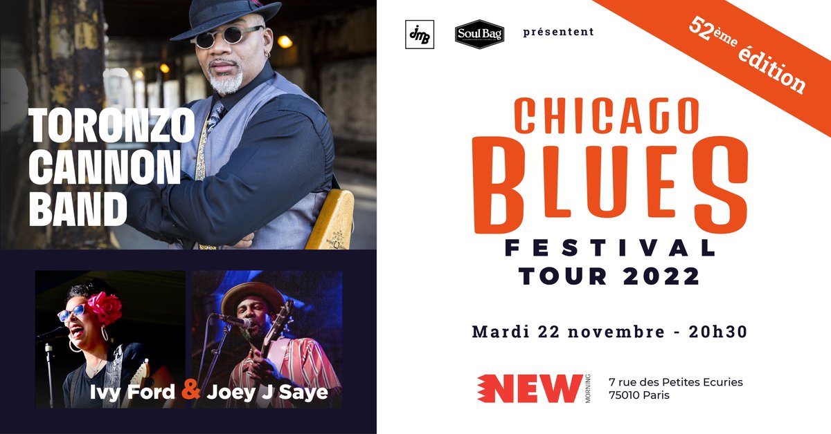 La 52e tournée Chicago Blues Festival sillonnera la France du 10 nov au 5 déc, avec un arrêt au @newmorning le 22 nov. L’occasion d’applaudir l’excellent @ToronzoCannon et de découvrir deux jeunes talents, @MissIvyFord et Joey J. Saye. Soul Bag y sera ! 👉newmorning.com/20221122-5597-…
