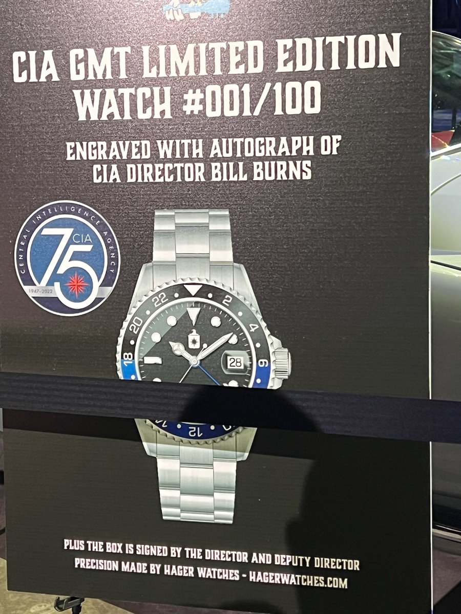 HagerWatches's tweet photo. Thought we would share this. Last night at #Spookstock, the @CIA 75th Anniversary #001 signed by Director @williamjburns2 &amp; DepDir #GOT actor @cohendavid went for over $21k. To whoever purchased it thank you for supporting a worthy charity. @Hodinkee @aBlogtoWatch @iWMagazine https://t.co/Txr16zBWtL