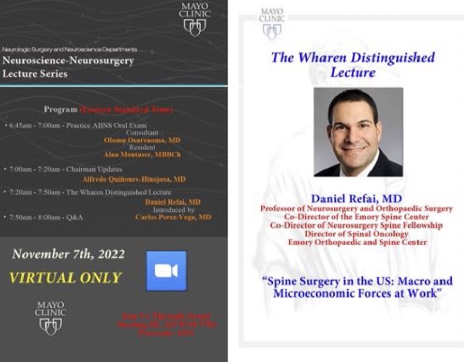 Andres Ramos-Fresnedo, M.D. (@anrafr) on Twitter photo Join us tomorrow for The Wharen distinguished lecture at our lecture series! Our distinguished speaker is Daniel Refai from <a href="/EmoryNeurosurg/">Emory Neurosurgery</a>! <a href="/DoctorQMd/">Dr. Alfredo Quiñones-Hinojosa</a> <a href="/carlosperezv/">Carlos Pérez-Vega</a> <a href="/MayoClinicNeuro/">Mayo Clinic Neuro</a> Join us tomorrow for The Wharen distinguished lecture at our lecture series! Our distinguished speaker is Daniel Refai from <a href="/EmoryNeurosurg/">Emory Neurosurgery</a>! <a href="/DoctorQMd/">Dr. Alfredo Quiñones-Hinojosa</a> <a href="/carlosperezv/">Carlos Pérez-Vega</a> <a href="/MayoClinicNeuro/">Mayo Clinic Neuro</a>