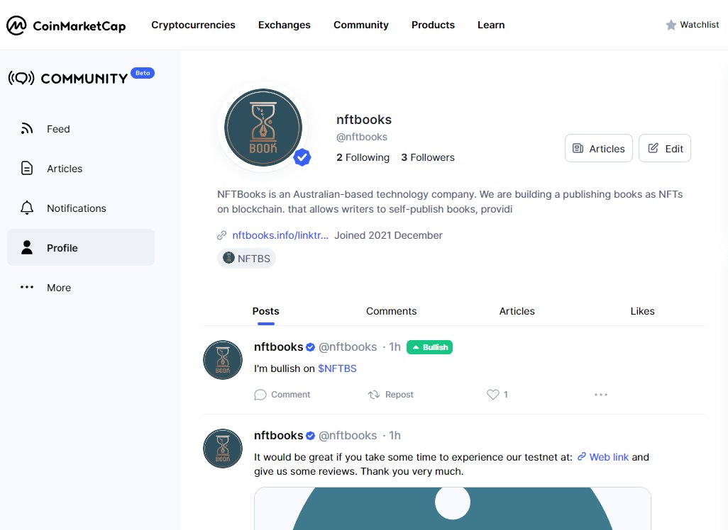 nftbstoken's tweet photo. One great thing today, #NFTBOOKS has successfully verified with #CoinMarketCap Community. Thank you so much @CoinMarketCap for the very quick support (about an hour) since submitting the application form.

#Booklovers #PublishEcosystem #BookSwarmArmy $NFTBS https://t.co/yjk8gnQBPR