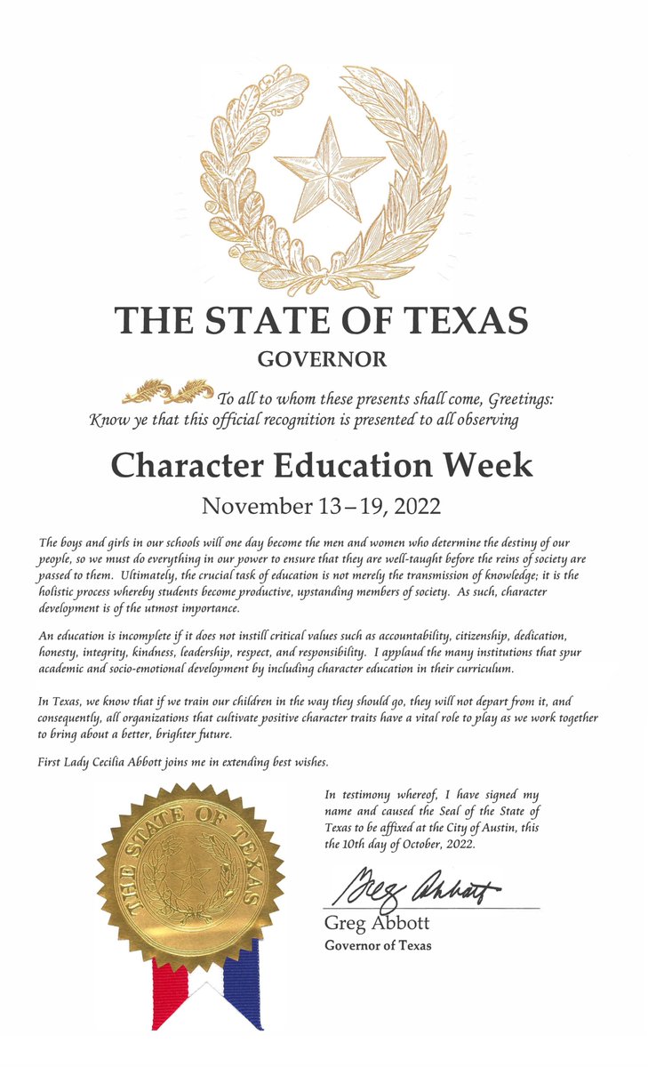 TXCharacterWeek's tweet photo. 🌟Governor Greg Abbott issued a Proclamation designating Nov. 13-19, 2022 as Character Education Week in Texas. 🌟

🌟Texas schools will recognize this week  11/14-11/8 by participating in events to celebrate character education.  #TXCharacterWeek 🌟 

 https://t.co/0ifi8xyIAE https://t.co/eX0NAh0Bvm