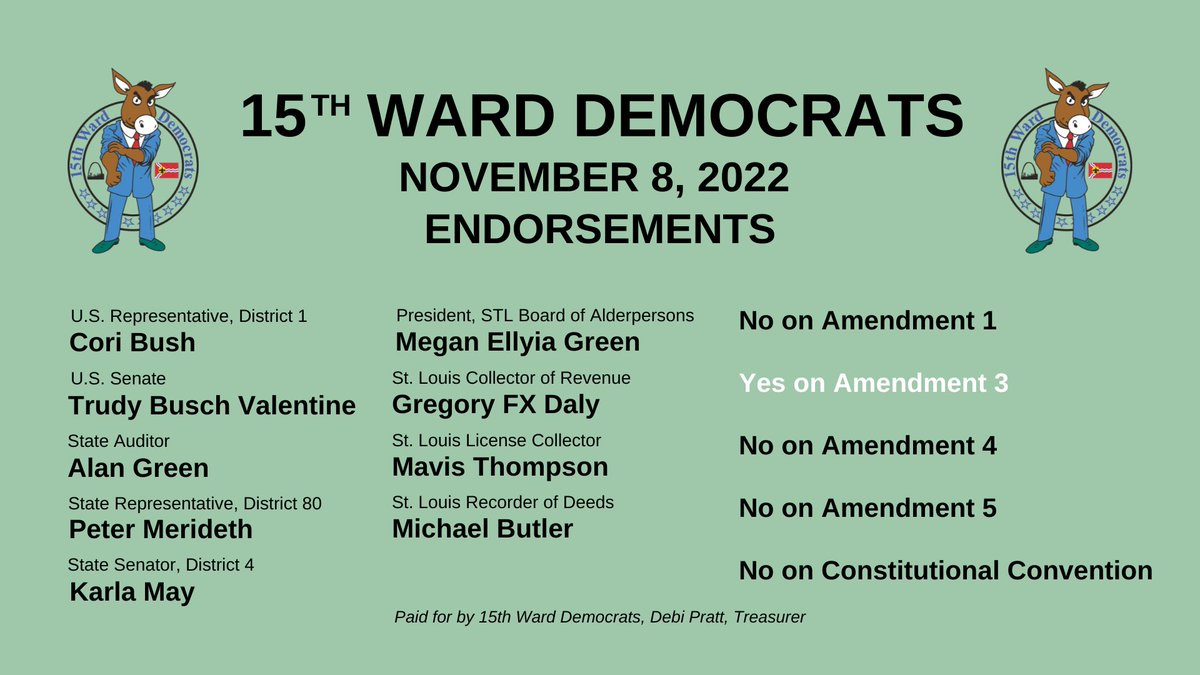 15thWardDems's tweet photo. We proudly endorse:
US Senate: @buschvalentine
Congress: @CoriBush
State Auditor: @AlanGreenMO
State Senate: @KarlaMayMO4
State Rep: @PeterforMO
#STLBOA Pres: @MeganEllyia
Collector of Revenue: @gregoryfxdaly
License Collector: @Mavis_Thompson_
Recorder of Deeds: @chairmikebutler https://t.co/pS3lVwHK3W