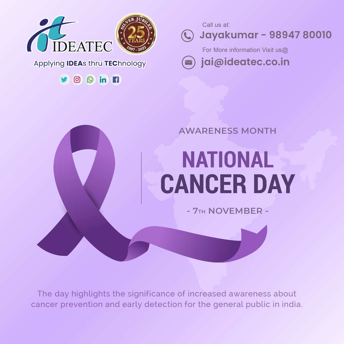 idectec's tweet photo. “An ounce of prevention is worth a pound of cure” – Benjamin Franklin.
 #NationalCancerAwarenessday  2022 in india is to educate people about cancer, its treatment, and its symptoms.  #ideatec https://t.co/F07VER6MAZ