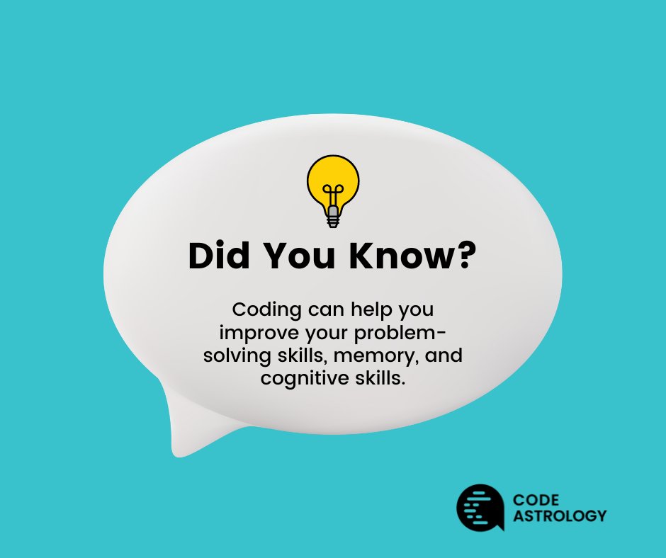 CodeAstrology's tweet image. Learning how to code is beneficial in so many ways! 👨🏽‍💻
Coding can help you improve your problem-solving skills, memory, and cognitive skills.
#CodeAstrology #developer #freelancing #wordpress #frontenddeveloper #backenddeveloper #w3schools #learning #education #coding #developing