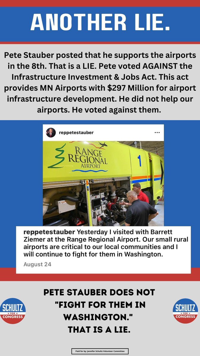 THAT'S A LIE.
Over and over, @RepPeteStauber has had a casual relationship with the truth. Particularly when it comes to the  #InfrastructureBill. This is #NotOurWayOfLife and we need to #VoteHimOut and elect @RepJenSchultz on Tuesday.