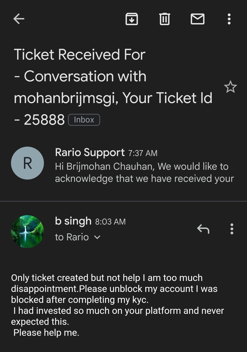 Cric1110's tweet photo. @rariohq Only ticket created but not help I am too much disappointment.Please unblock my account I was blocked after completing my kyc.
 I had invested so much on your platform and never expected this.
 Please help me. https://t.co/5FRvdnE2MK