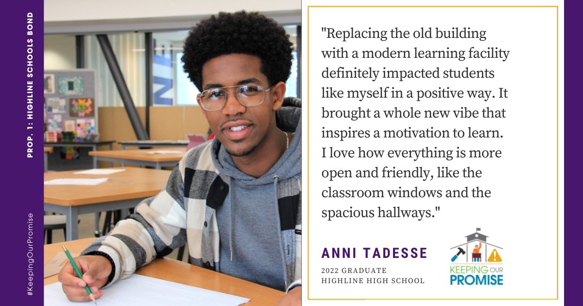 HighlineSchools's tweet photo. As part of your voter research on Prop. 1, learn about the impact &amp; value of a new school from 10 students who attended the new @Highlinepirates building when it opened in '21-22: https://t.co/BpIQLjGsFd. #keepingourpromise #highlinevotes https://t.co/uABBXFSFo8